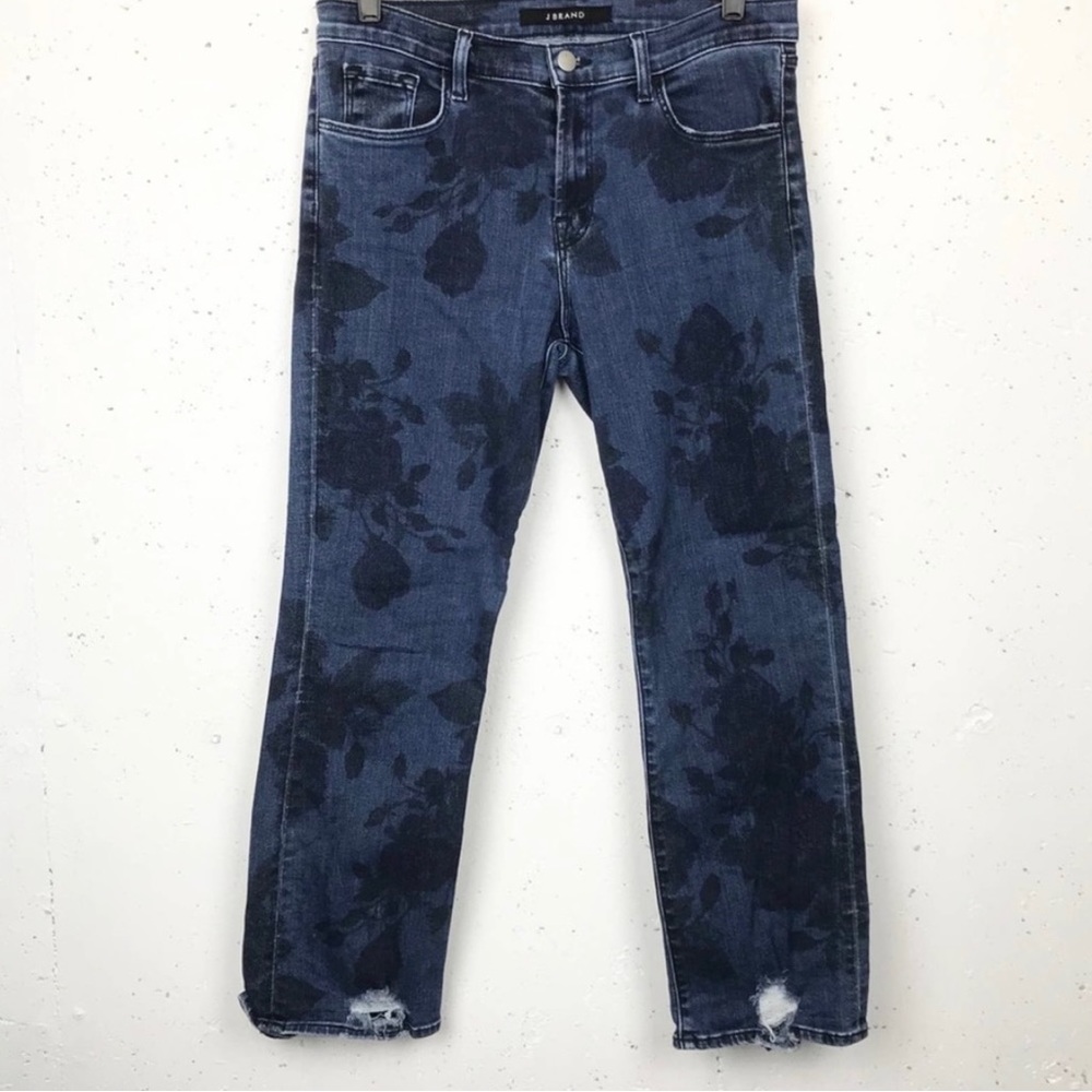 J Brand Selena Mid Rise Floral Crop Distressed Denim Jeans in Cotillion
